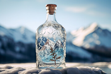 Transparent vodka or tequilla bottle close up, mountains background - 682767762