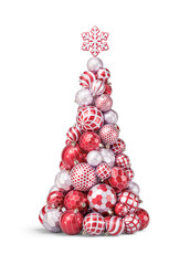 Еlongated Christmas tree made of red balls. Christmas tree in form of New Year's decorations Isolated on transparent background. 3D render