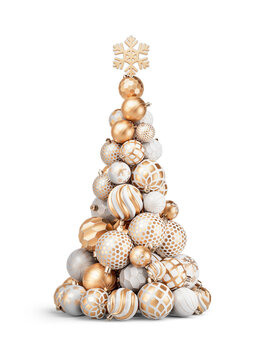 Еlongated Christmas tree made of gold and white balls. Christmas tree in form of New Year's decorations Isolated on transparent background. 3D render