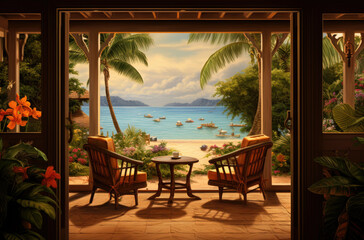 Fototapeta na wymiar Wooden Cottage with Perfect Tropical Seaview.