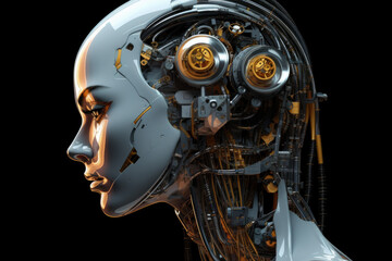 Fototapeta premium Cyborg woman with machine part of her face. Over gray background.