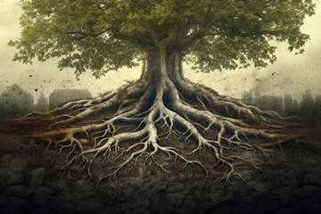 tree roots and sunshine in a green forest.