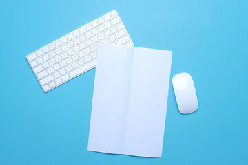 Blank white paper sheet for mock up with keyboard computer and wireless mouse on a blue background