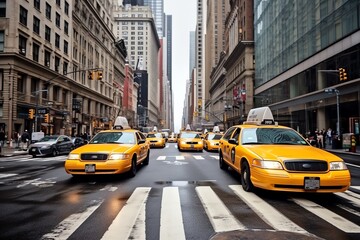 a group of yellow taxi cabs in a city street