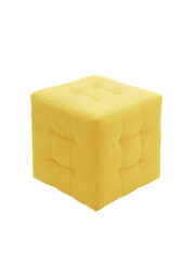 modern yellow cubic padded stool upholstered with fabric on white background