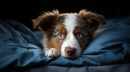 Enchanting Innocence: Little Border Collie Puppy Wrapped in Blue Elegance, Captured in the Epic Portraiture Style - Generative AI
