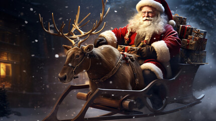 santa claus with sleigh - obrazy, fototapety, plakaty