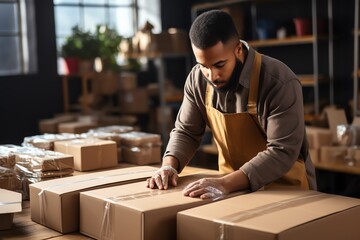 a man in an apron packing boxes