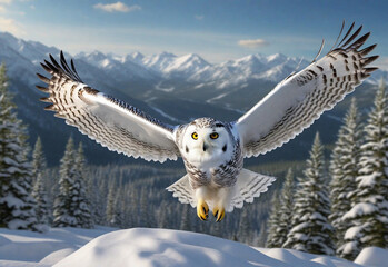 Snowy owl flying in winter forest