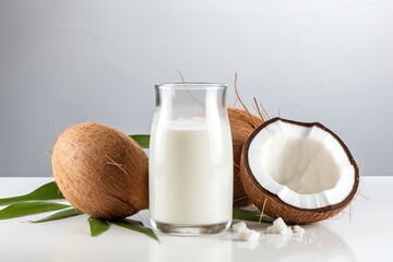a glass of milk next to coconuts