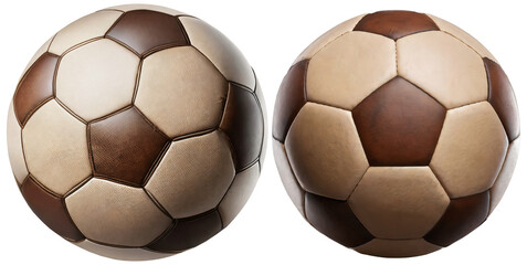 Close-up of two old brown and white soccer balls, isolated on white or transparent background. Png.
