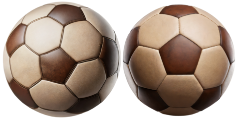 Close-up of two old brown and white soccer balls, isolated on white or transparent background. Png.
