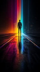 a man standing on a road with rainbow lights