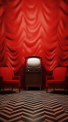 a red chair next to a television