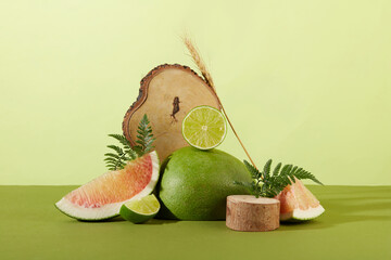 Lemons, pomelo, decorative leaves and logs are displayed on a green background. Pomelo provides a...