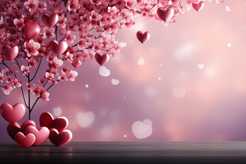a tree with pink flowers and hearts - obrazy, fototapety, plakaty