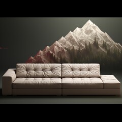 a couch in front of a mountain