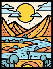 a cartoon of a river and mountains