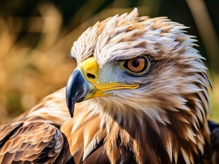 Fototapeta premium Intense gaze of an eagle captured in detail, highlighting its predatory essence in the wild.