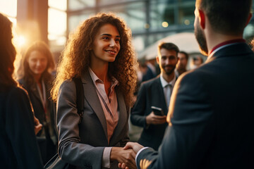 A precious scene of a smiling blonde woman in a suit shaking hands with another businessman in a bustling city square with warm sunlight. Generative AI. - obrazy, fototapety, plakaty