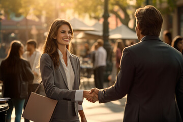 A precious scene of a smiling blonde woman in a suit shaking hands with another businessman in a bustling city square with warm sunlight. Generative AI.