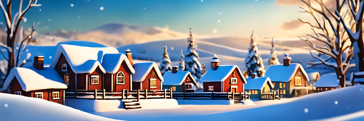 Obraz na płótnie Canvas A miniature winter village of houses nestled in cotton ball snow against a blue sky creates a charming, cozy winter wonderland scene
