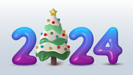 2024, banner with Christmas tree and blue numbers. 3D vector illustration. Merry Christmas and Happy New Year celebration