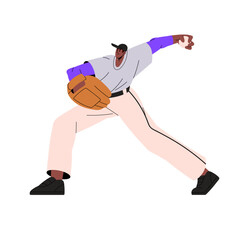 Professional american baseball player swings to throw, pitch. Pitcher plays on match, competition. Field game sportsman in glove holding ball. Flat isolated vector illustration on white background