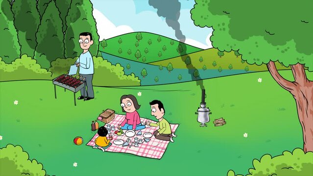 Family Picnic In Green Forest Spring Holiday 2D Animation