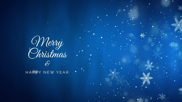 Christmas greeting card with white snowflakes on a blue background. Looped animation. Merry Christmas and New Year text.