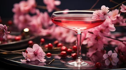 Badezimmer Foto Rückwand A stylish pink girlish cocktail in glass with high stem with sakura at the bar counter. Generative AI © AngrySun