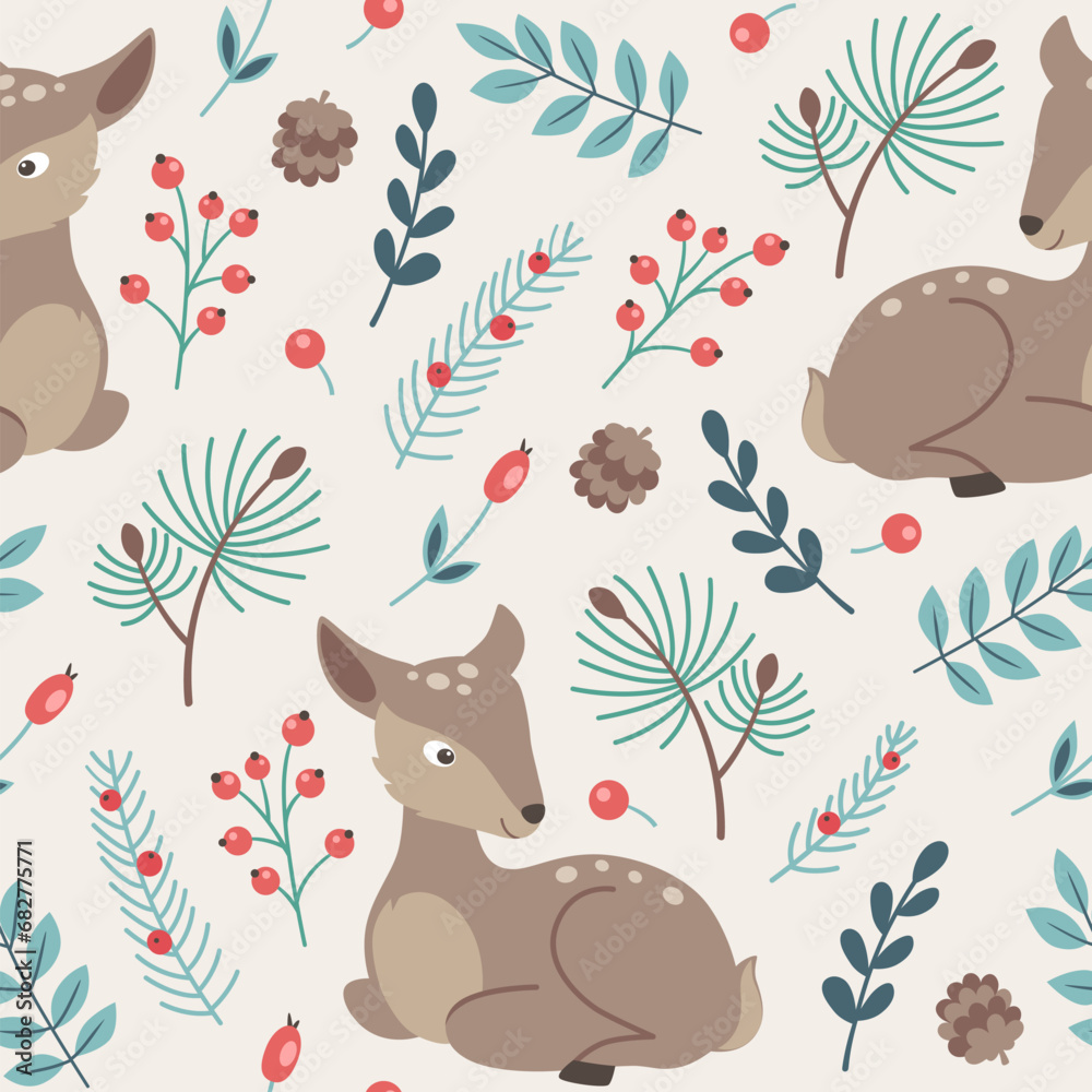 Sticker winter seamless pattern with green branch and deer.