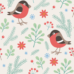Seamless pattern with fir branch, berry and bullfinch. - 682775743