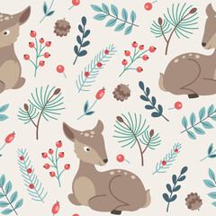 Winter seamless pattern with green branch and deer.