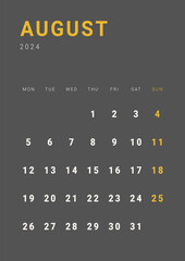 Monthly page Calendar Planner Templates of August 2024. Vector layout of simple calendar with week start Monday for print. Page for size A4 or 21x29.7 cm in dark color