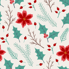 Pattern with fir branch, holly berry and red poinsettia flowers