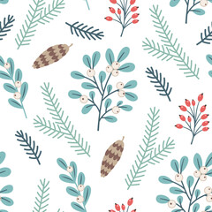Winter seamless pattern with fir branch and pine cone.