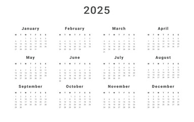 2025 Annual Calendar template. Vector layout of a wall or desk simple calendar with week start Monday. Calendar design in black and white colors