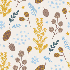Seamless pattern with fir and pine branch and pine cone