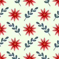 Seamless pattern with green branch and red poinsettia flowers. - 682776118