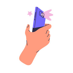 User hold phone in hand, take photo, photography for social media post. Smartphone with camera create snapshot. Telephone record video with flash. Flat isolated vector illustration on white background