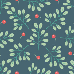 Winter seamless pattern with mistletoe on a green background. - 682776169