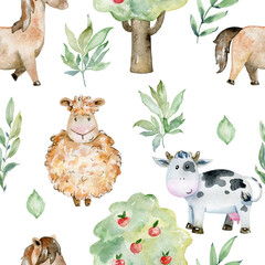 Watercolor farm seamless pattern with animals and leaves. Cute cartoon characters. © Tapilipa