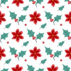Pattern with holly berry and red poinsettia flowers - 682776374