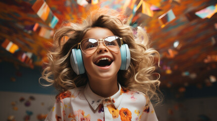 Cheerful little girl with headphones listening to music, her face lit up with a contagious smile. The expression reflects joy and fun while immersing oneself in a musical experience, exploring the wor - obrazy, fototapety, plakaty