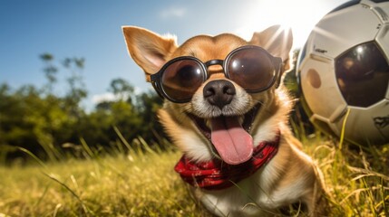 Joyful Soccer Chihuahua: Cute Dog with Ball and Laughter, Sporting Red Sunglasses in Park Meadow Scene