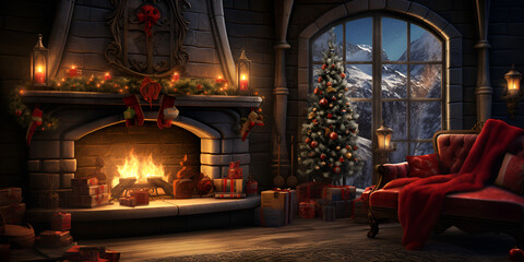 Fototapeta na wymiar Enchanting Christmas Atmosphere, Illuminated Tree, Fireplace, and Gifts 
