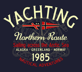 Sailing Arctic sea northern route nautical adventure vintage vector print for boy man t shirt 