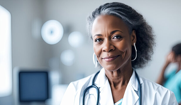 Middle aged African American woman doctor in hospital, white colors. This photo was generated using Playground AI