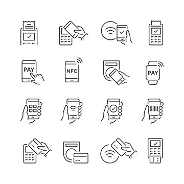 Vector line set of icons related with cashless payment. Contains monochrome icons like credit card, smartphone, pos, contactless, nfc, cashless and more. Simple outline sign.